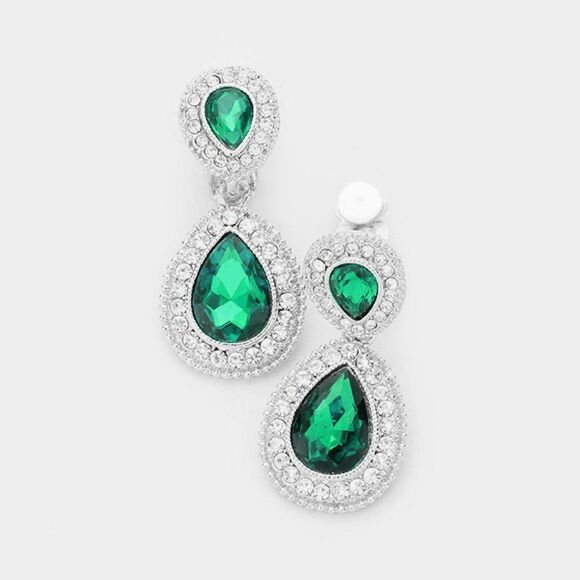 Emerald Green Crystal Pave Trim Teardrop Clip on Earrings - Picture 4 of 6